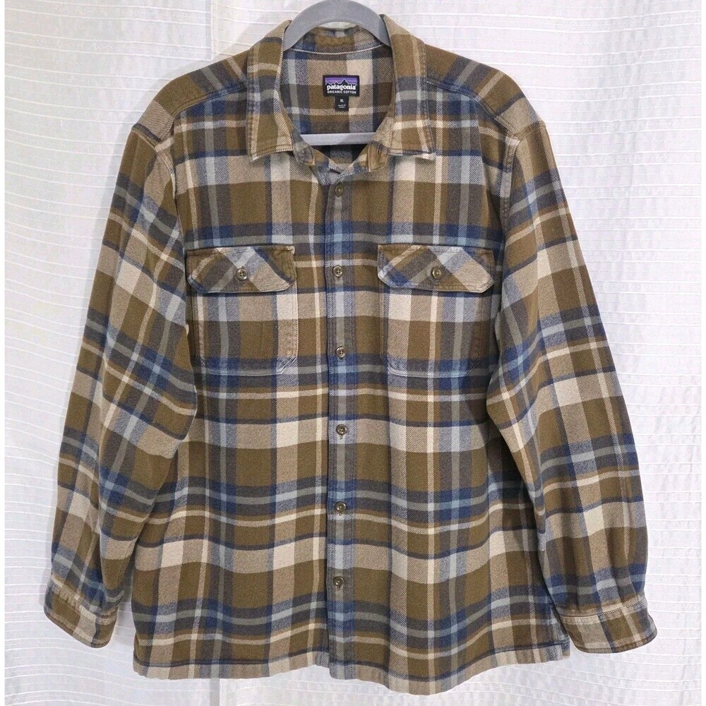 Patagonia Flannel Shirt Mens XL Outdoor Brown/Blue Plaid Mid-Heavy Weight Cotton